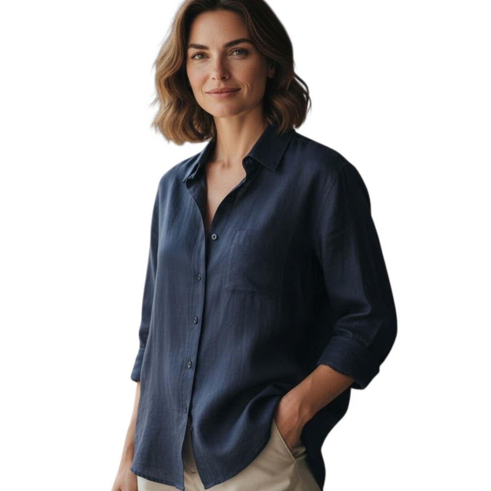 Emporio Armani Navy Blue Button Down Blouse Sz.44 EUC.  100% LINEN.